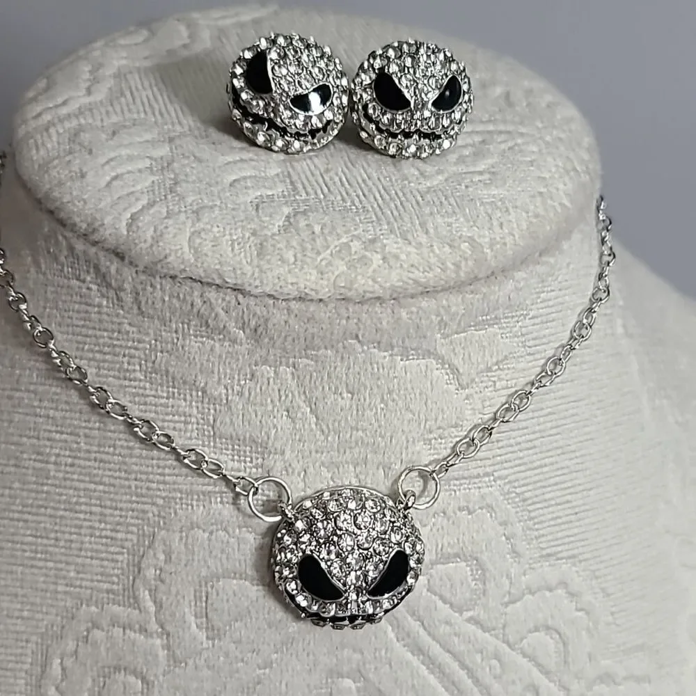 Jack Skellington Rhinestone Necklace Earring Set Nightmare Before Christmas Goth
